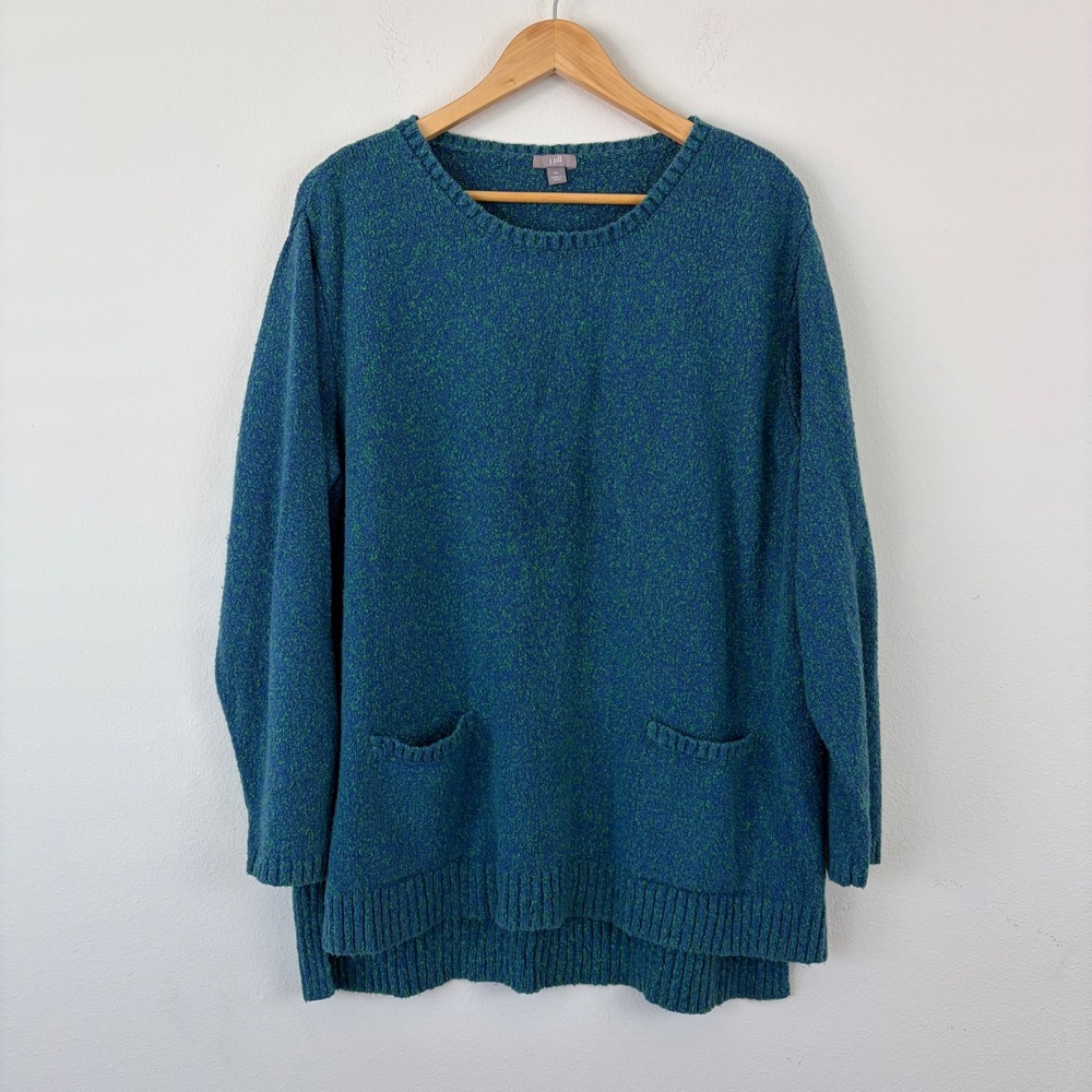 Jewel Tone J. Jill XL Blue Green Knit Pocket Sweater High Low Hem Cotton Blend